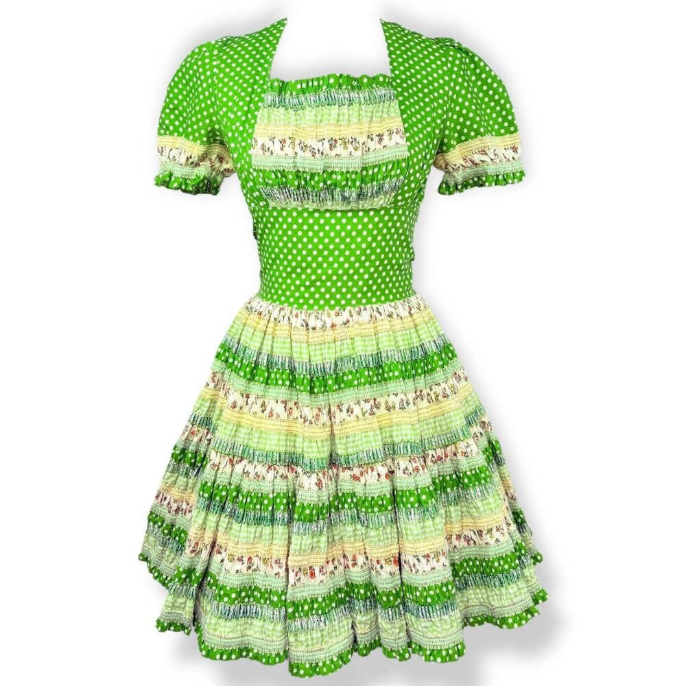 Vintage 1970s Green Polka Dot Floral Smocked Swing Dance Dress + Bloomers XS